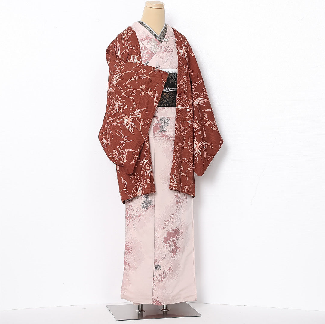 羽織 袷 身丈86cm 裄丈63cm 正絹 Cランク カジュアル Sサイズ 植物柄 茶系 HP 1232-12782