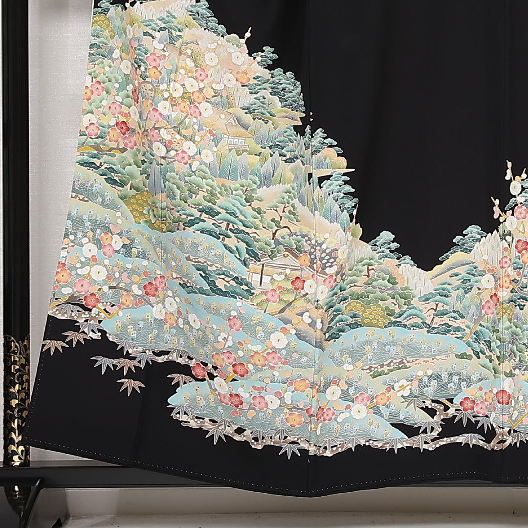 黒留袖 五つ紋 向かい蝶 身丈152cm 裄丈65cm Sランク 正絹 袷 比翼 広衿 S 落款 証紙 加賀友禅 茶屋辻 フォーマル 幻想的 重厚感 黒系 1211-F0561