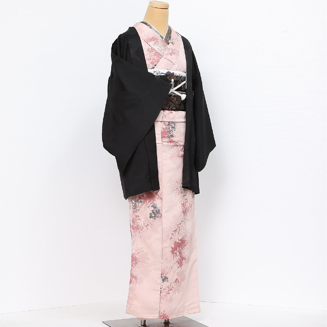 黒羽織 袷 身丈80cm 裄丈69cm 正絹 Sランク 一つ紋 (五三桐) 紋意匠 (雲取り) セミフォーマル Lサイズ 紐あり 黒系 RP 1233-13415