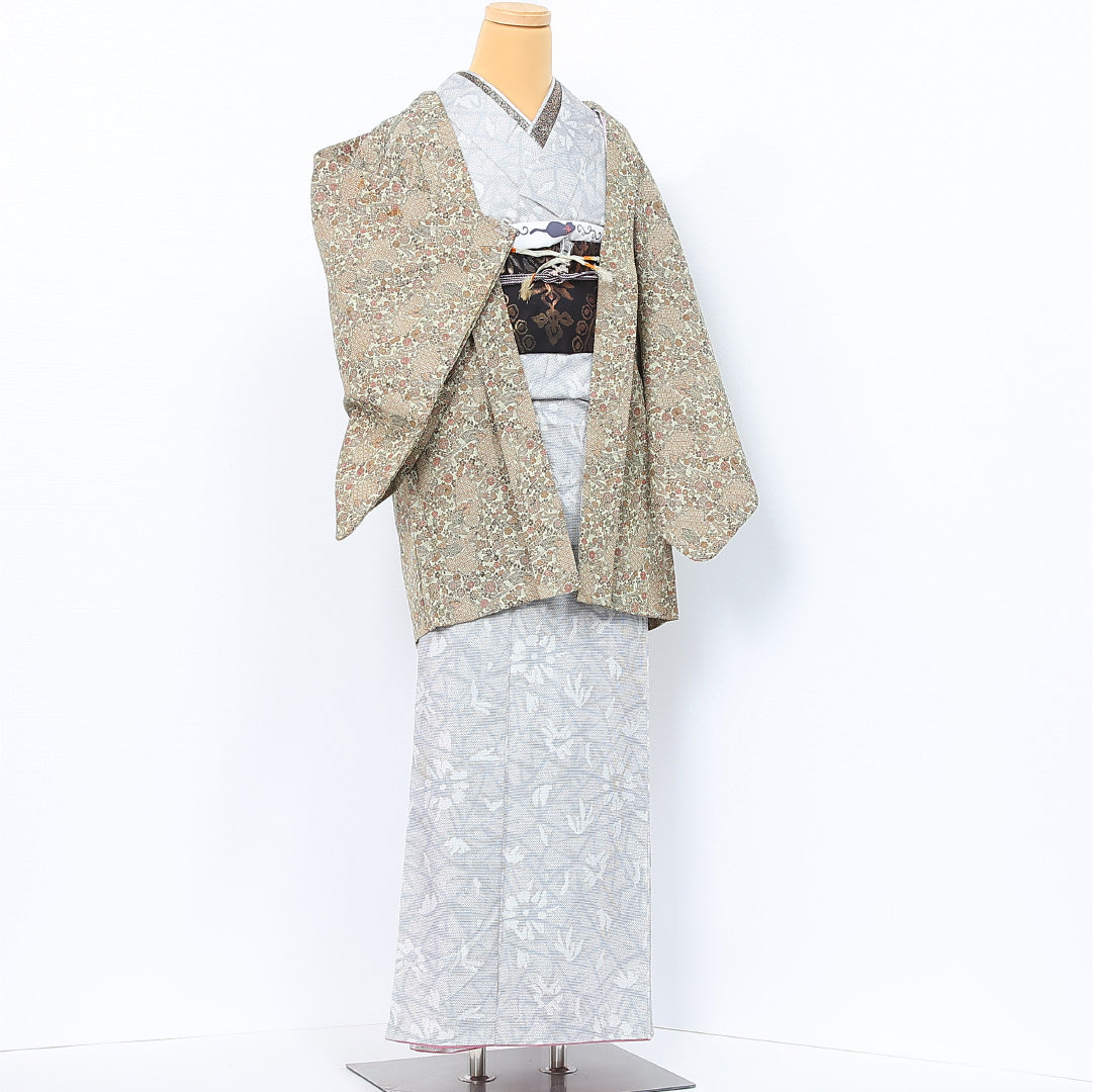 洗える着物 羽織 袷 身丈80cm 裄丈63cm ポリエステル Bランク カジュアル Sサイズ 紐あり 流水 吉祥文様 緑系 HP 1232-12082