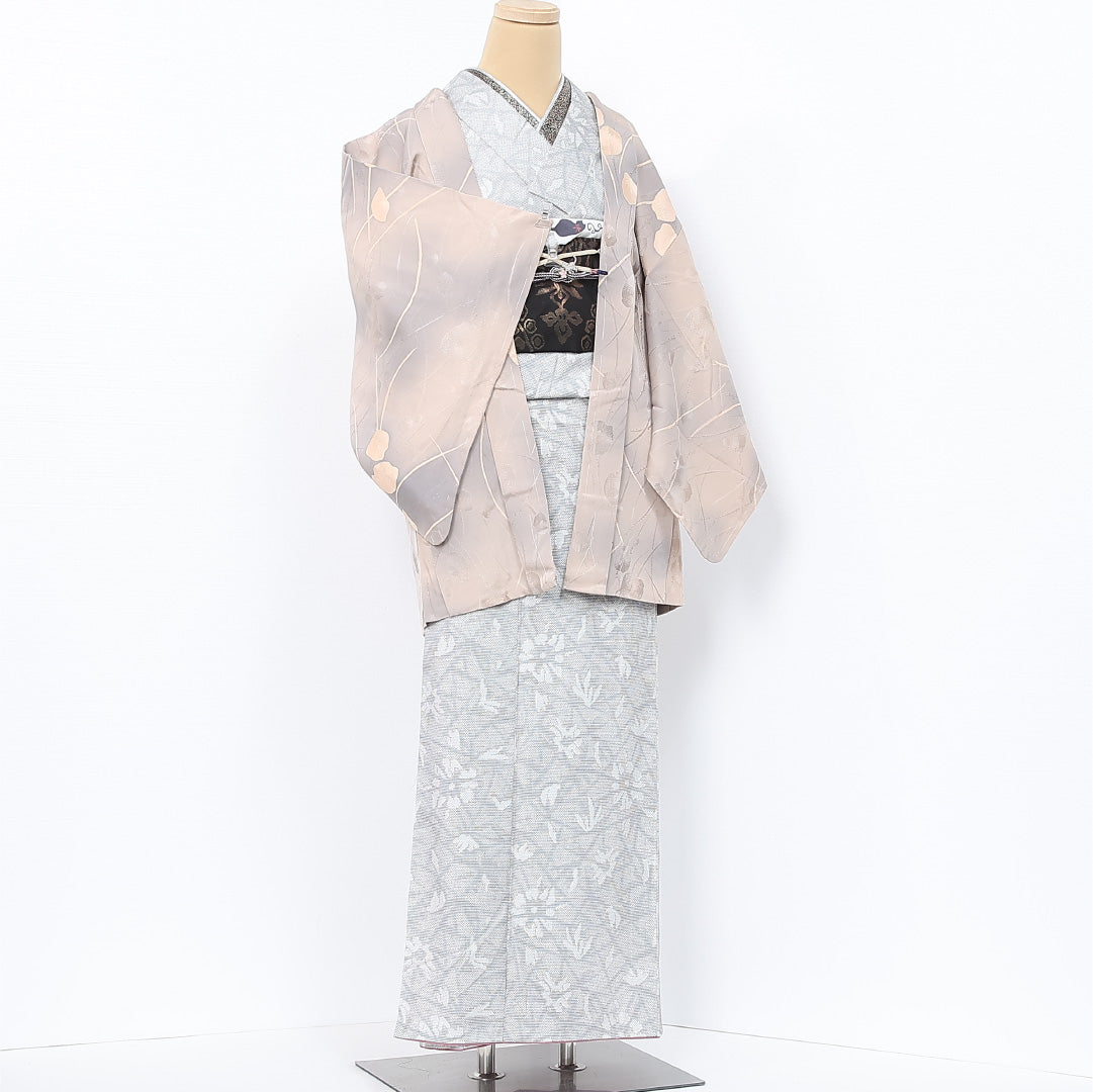 羽織 袷 身丈76cm 裄丈62cm 正絹 Sランク カジュアル Sサイズ ぼかし染 紐あり 植物柄 ベージュ系 RP 1232-12091