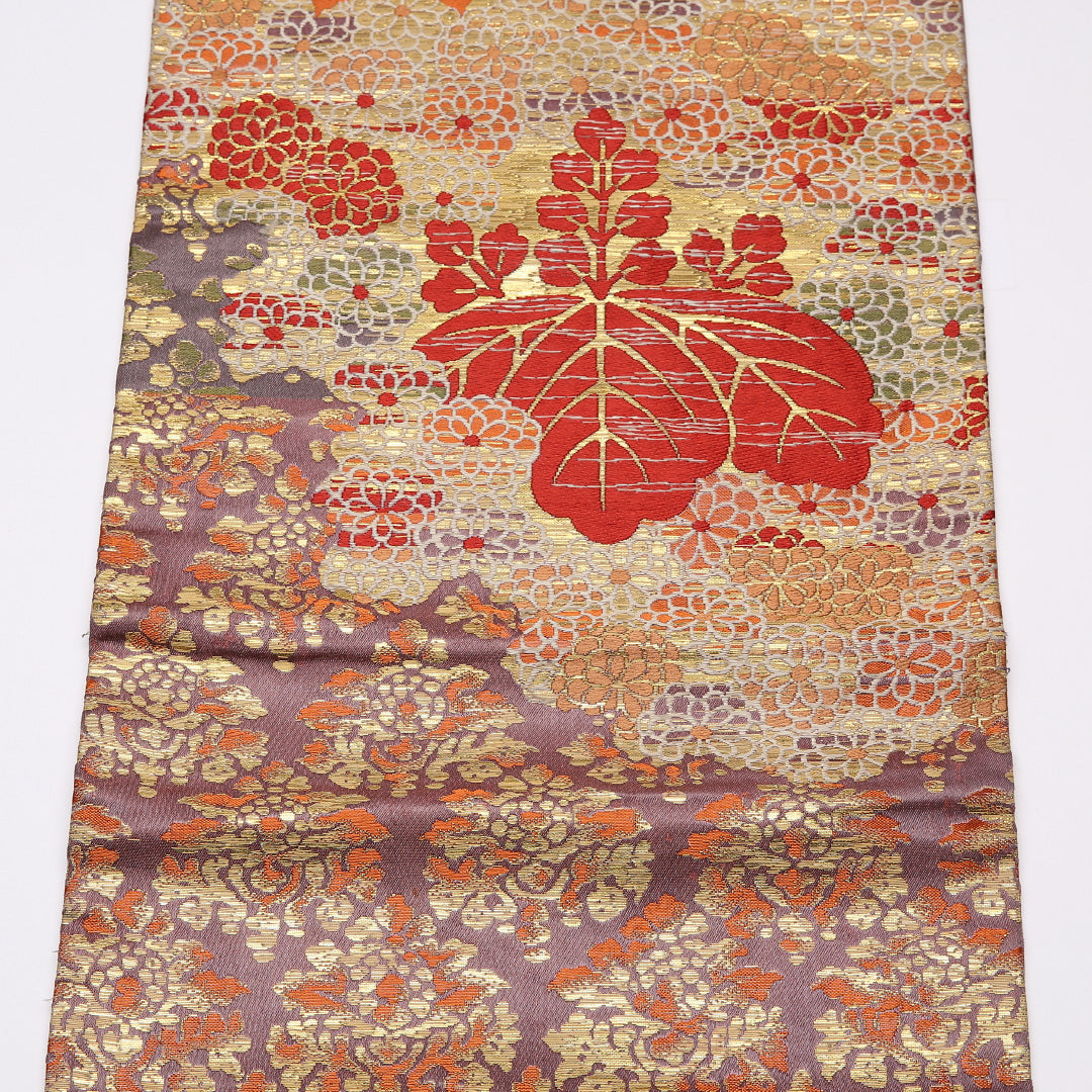 アンティーク 九寸名古屋帯 Cランク 帯丈354cm 正絹 六通 名古屋仕立て 織り 菊 桐 紅葉 金系 RP 1245-01436