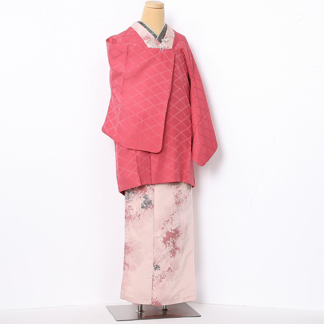 道行コート 袷 身丈84cm 裄丈63cm 正絹 Sランク セミフォーマル Sサイズ 格子 ピンク系 RP 1237-12771