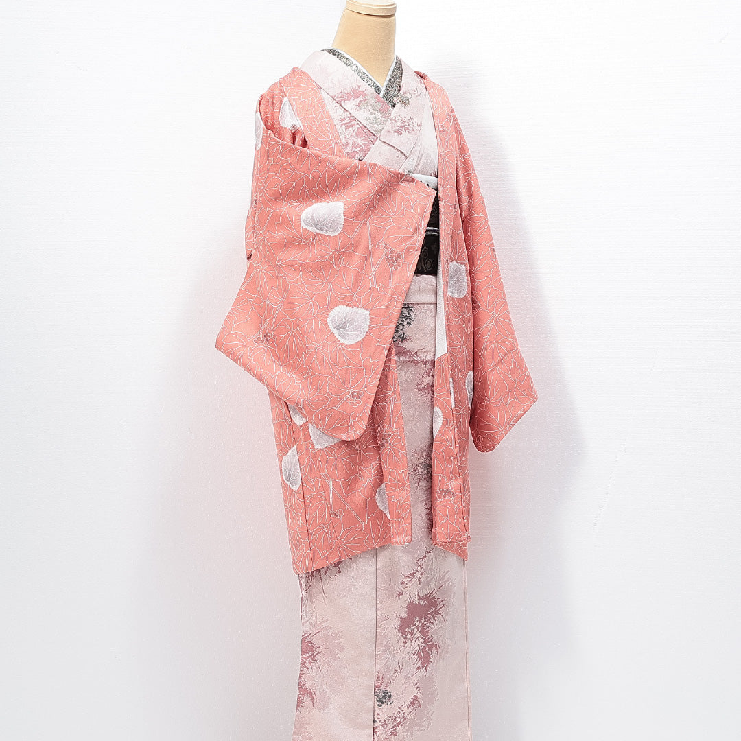 未使用品 羽織 袷 身丈92cm 裄丈65cm 正絹 Nランク カジュアル Mサイズ しつけ糸 葵 ピンク系 RP 1232-14697