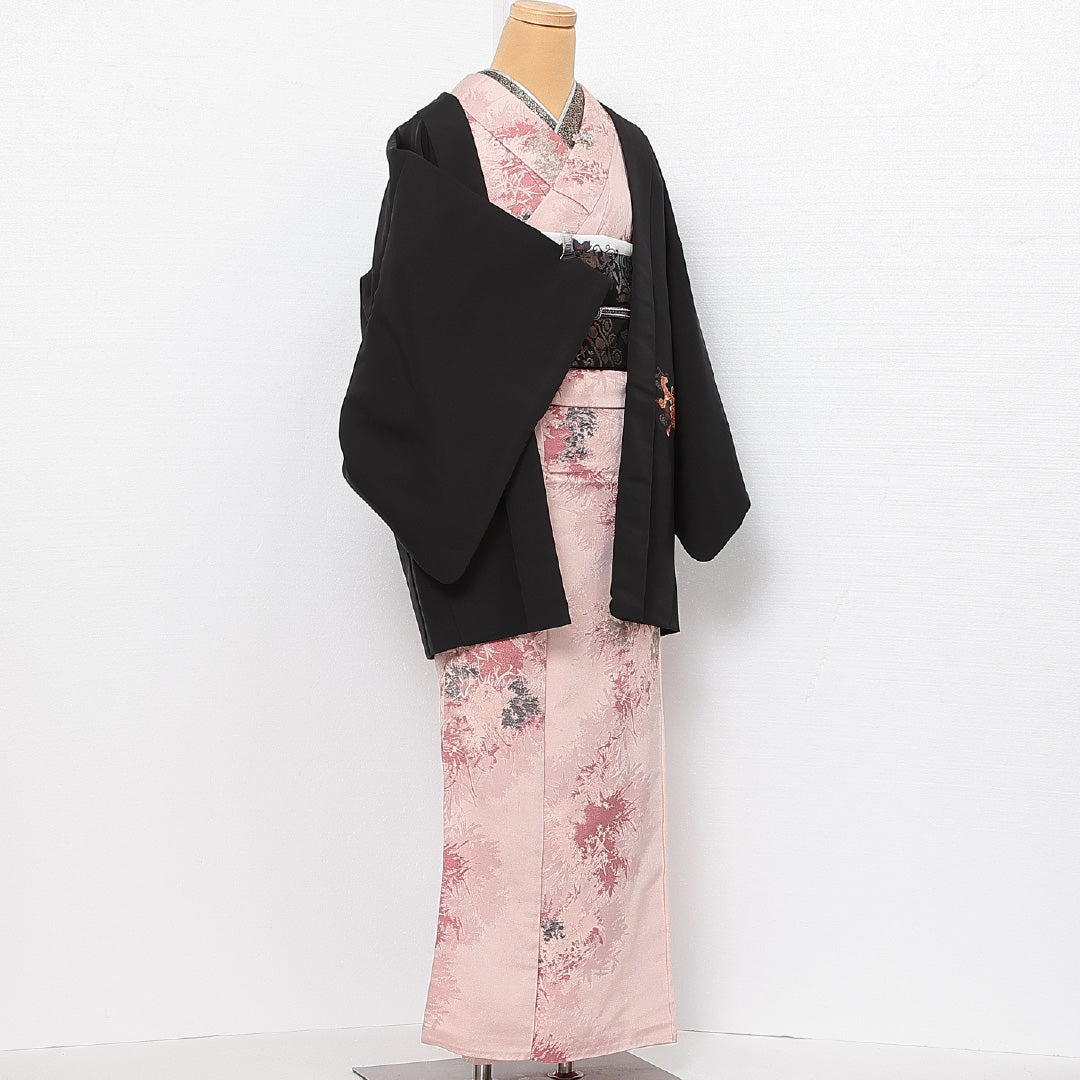 洗える着物 黒羽織 袷 身丈79cm 裄丈64cm ポリエステル Sランク 一つ紋 (揚羽蝶) セミフォーマル Mサイズ 御所車 黒系 RP 1233-13918
