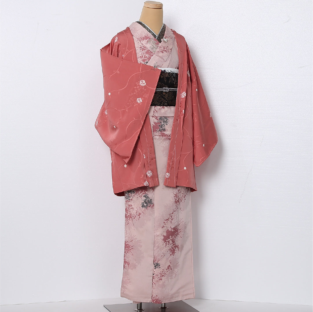 羽織 袷 身丈83cm 裄丈64cm 正絹 Sランク カジュアル Mサイズ 花柄 ピンク系 RP 1232-12861