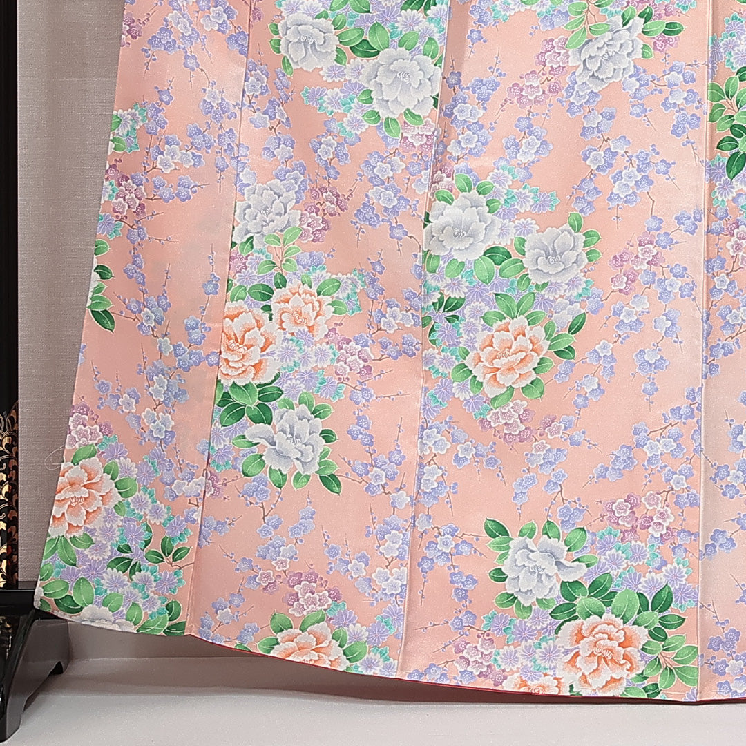 新古品 小紋 洗える着物 袷 身丈164cm 裄丈65cm ポリエステル Nランク Lサイズ 広衿 インフォーマル 牡丹 梅 しつけ糸 ピンク系 1215-14818