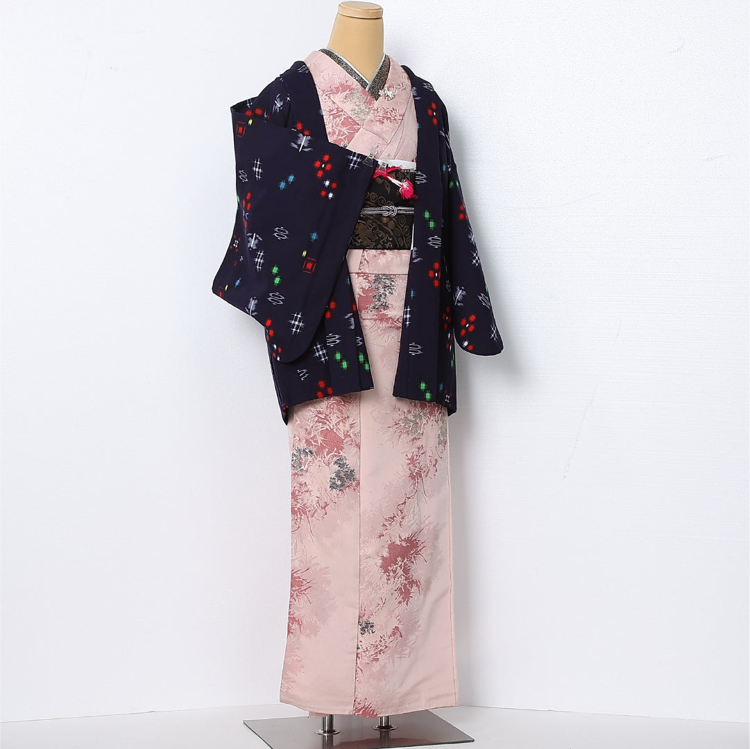 洗える着物 ウールの羽織 単衣 身丈76cm 裄丈63cm ウール Sランク カジュアル Sサイズ 紐あり 椿 紺系 RP 1232-12832