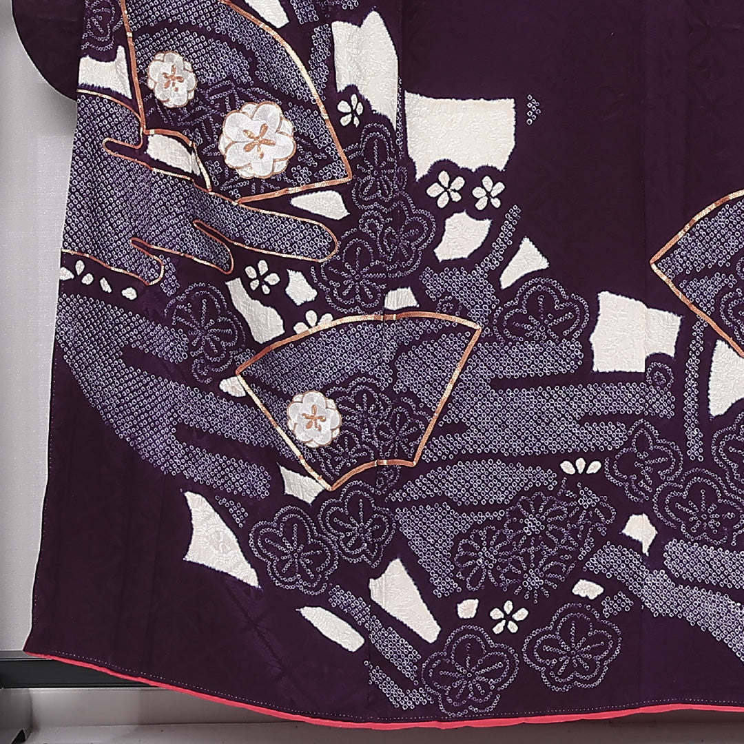 振袖 身丈158cm 裄丈64cm Aランク 袷 正絹 XL 広衿 絞り 金駒刺繍 吉祥文様 扇 古典柄 桜 花柄 紫系 1213-F0437