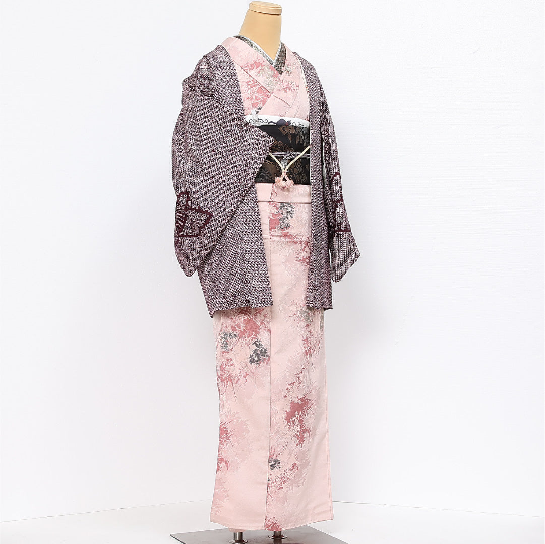 絵羽羽織 袷 身丈77cm 裄丈62cm 正絹 Aランク インフォーマル Sサイズ 紐あり 蝶 紫系 RP 1234-13413