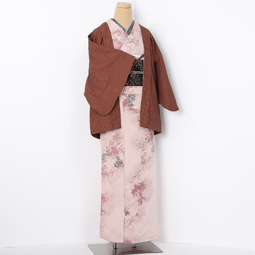 羽織 身丈74cm 裄丈63cm Aランク S ポリエステル 洗える着物 袷 格子 カジュアル 茶系 1217-12522