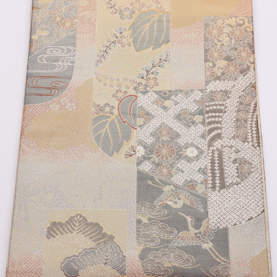 袋帯 帯丈424cm 六通 佐賀錦 桐 笠松 鶴 吉祥文様 セミフォーマル 金系 正絹 Aランク 1223-00888