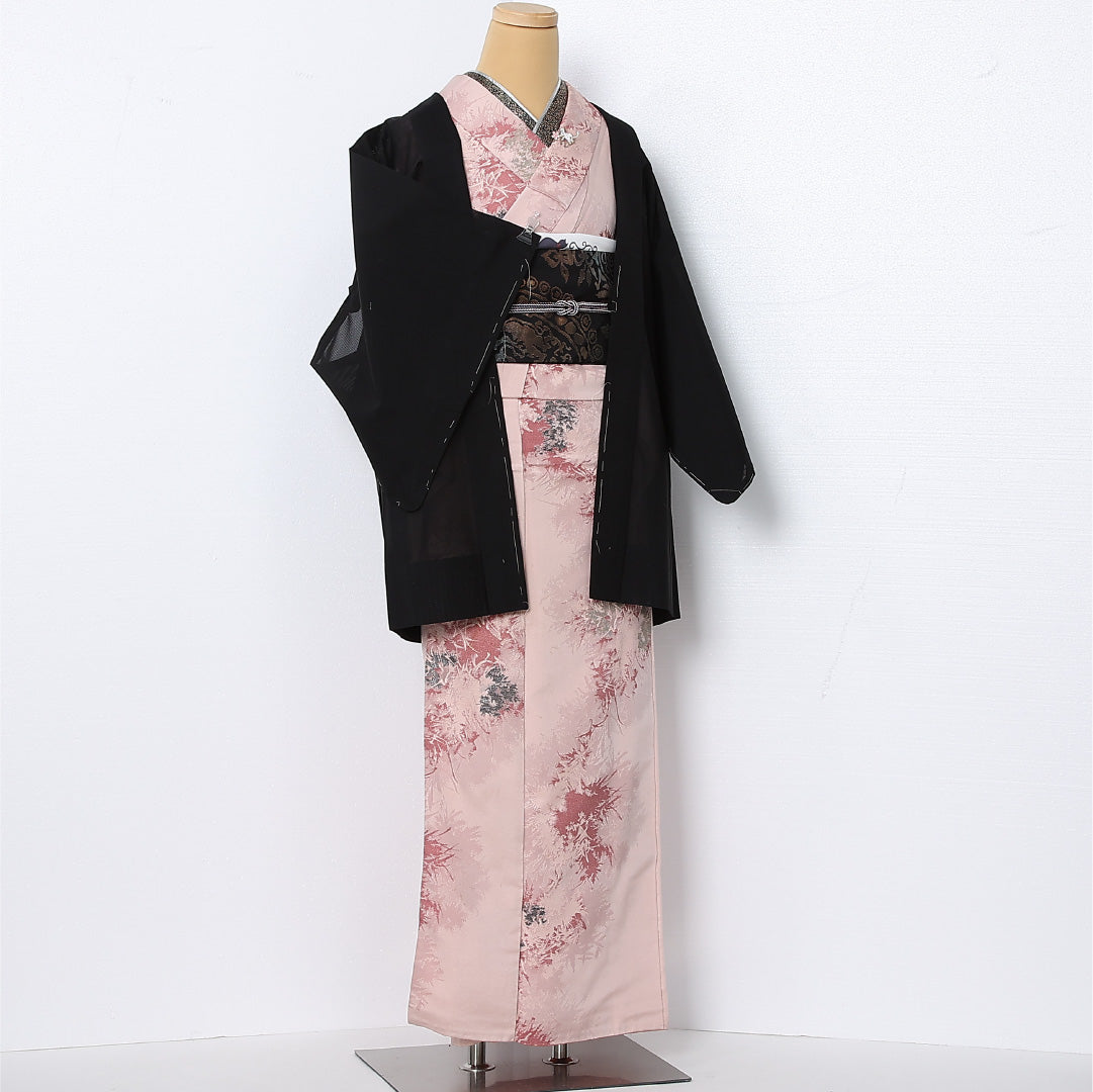 夏物 黒羽織 絽 身丈80cm 裄丈61cm 正絹 Sランク インフォーマル Sサイズ 笹 黒系 RP 1233-12834