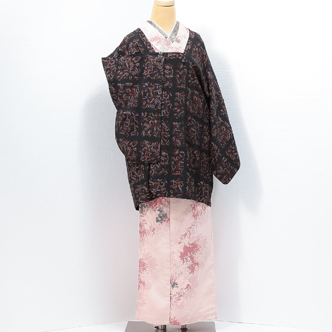 アンティーク 道行コート 袷 身丈83cm 裄丈64cm 正絹 Aランク Mサイズ ポケットあり 格子 花柄 黒系 1263-14755