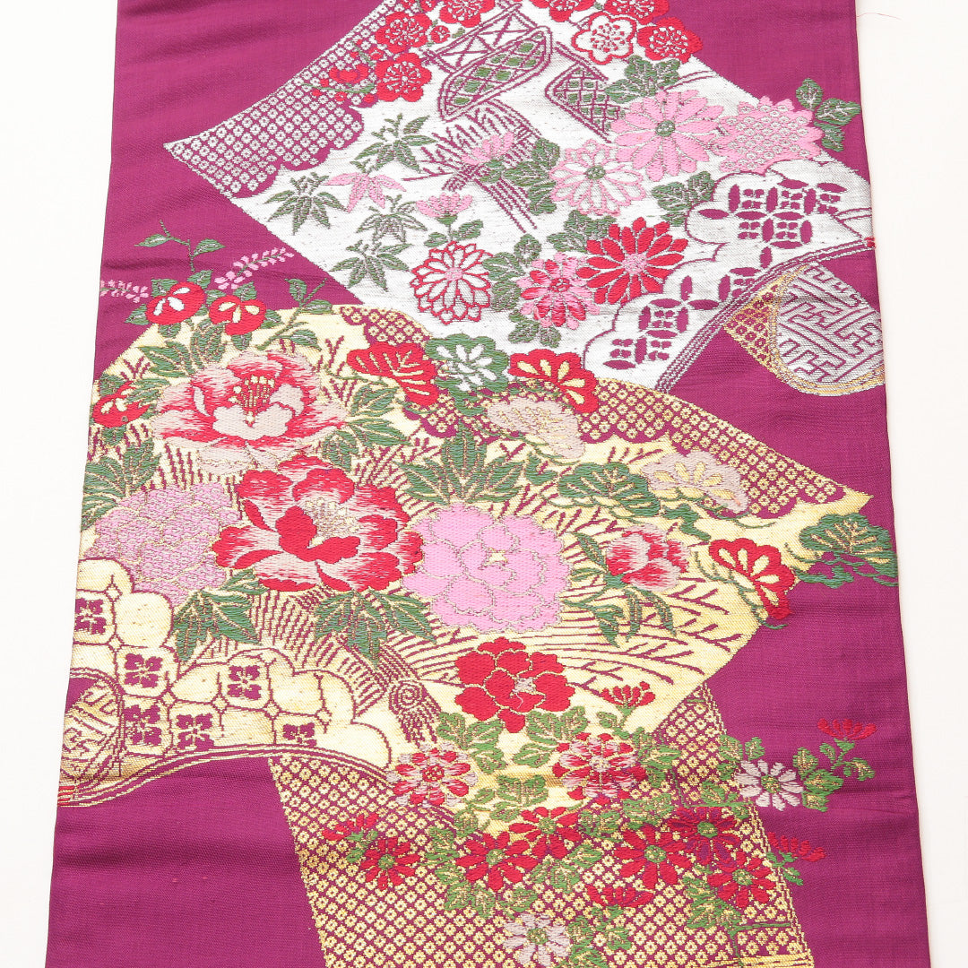 アンティーク 名古屋帯 ポイント柄 帯丈332cm Aランク 正絹 扇 四季草花 紫系 1224-02114