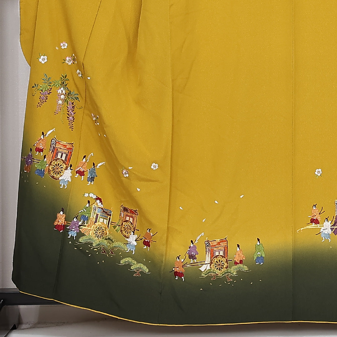 振袖 身丈160cm 裄丈64cm Sランク 正絹 袷 広衿 L 御所車 蘇州刺繍 フォーマル 黄系 1213-F0523