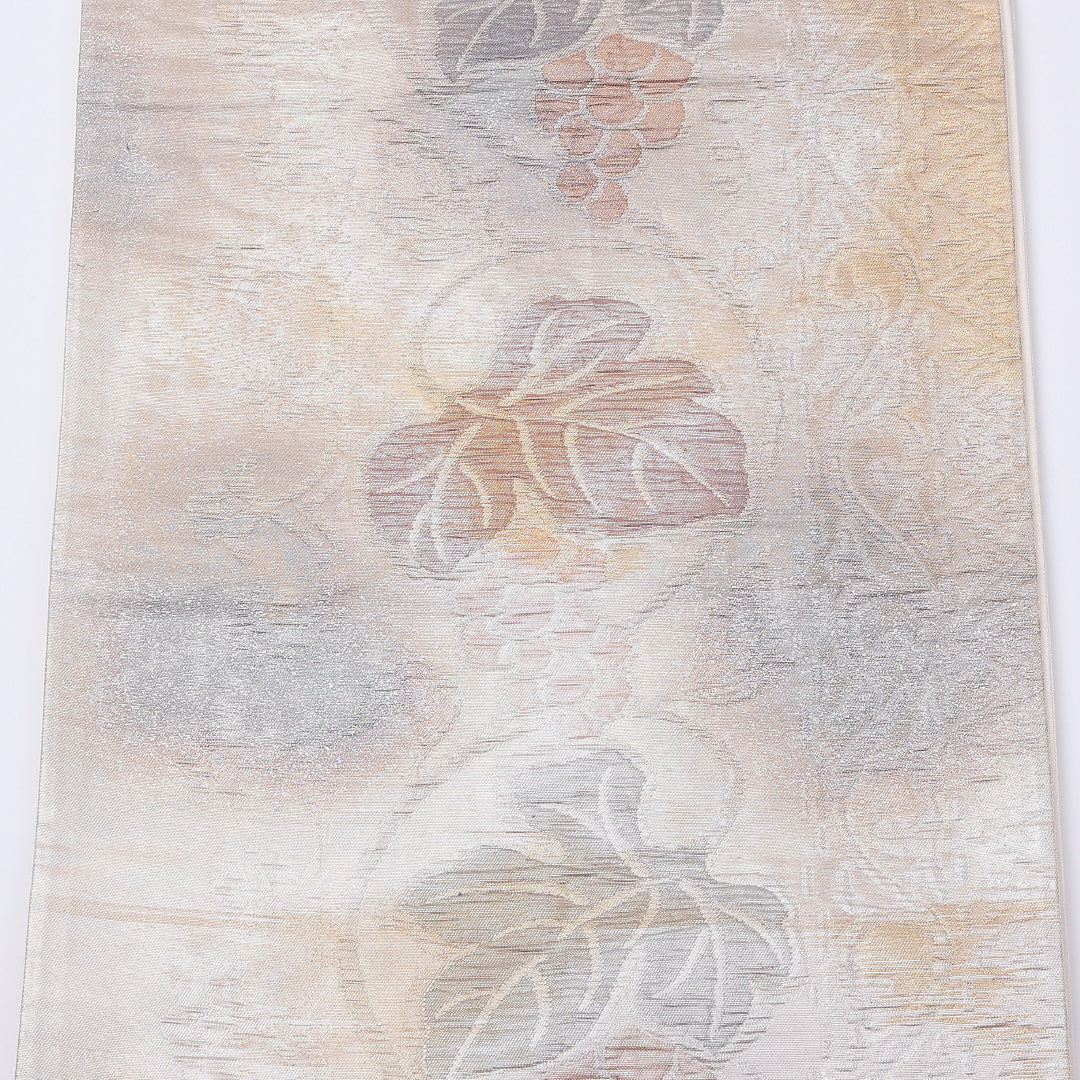 袋帯 帯丈428cm 六通 葡萄 ふくれ織 セミフォーマル 銀系 正絹 Aランク 1223-00979