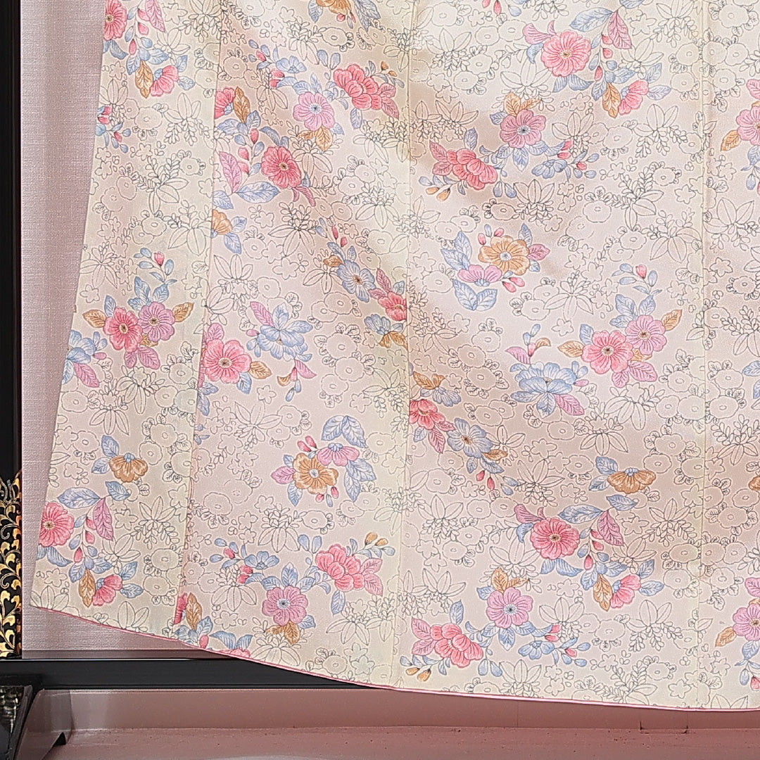 小紋 洗える着物 袷 身丈161cm 裄丈64cm ポリエステル Cランク Lサイズ 広衿 インフォーマル 花柄 クリーム系 1215-15637