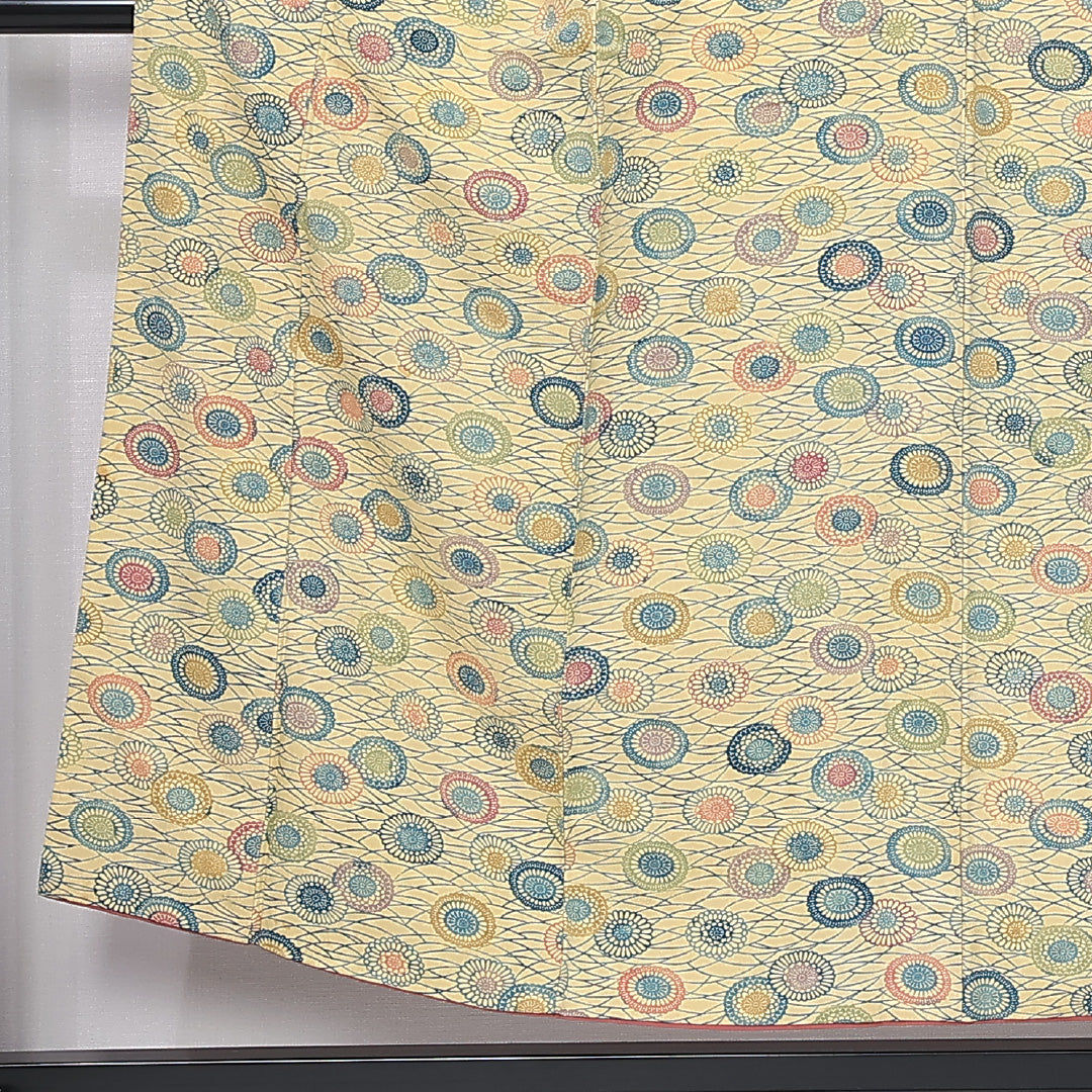 小紋 袷 身丈148cm 裄丈60cm 正絹 Bランク インフォーマル 広衿 XSサイズ 芝草 菊 黄系 HP 1221-11965