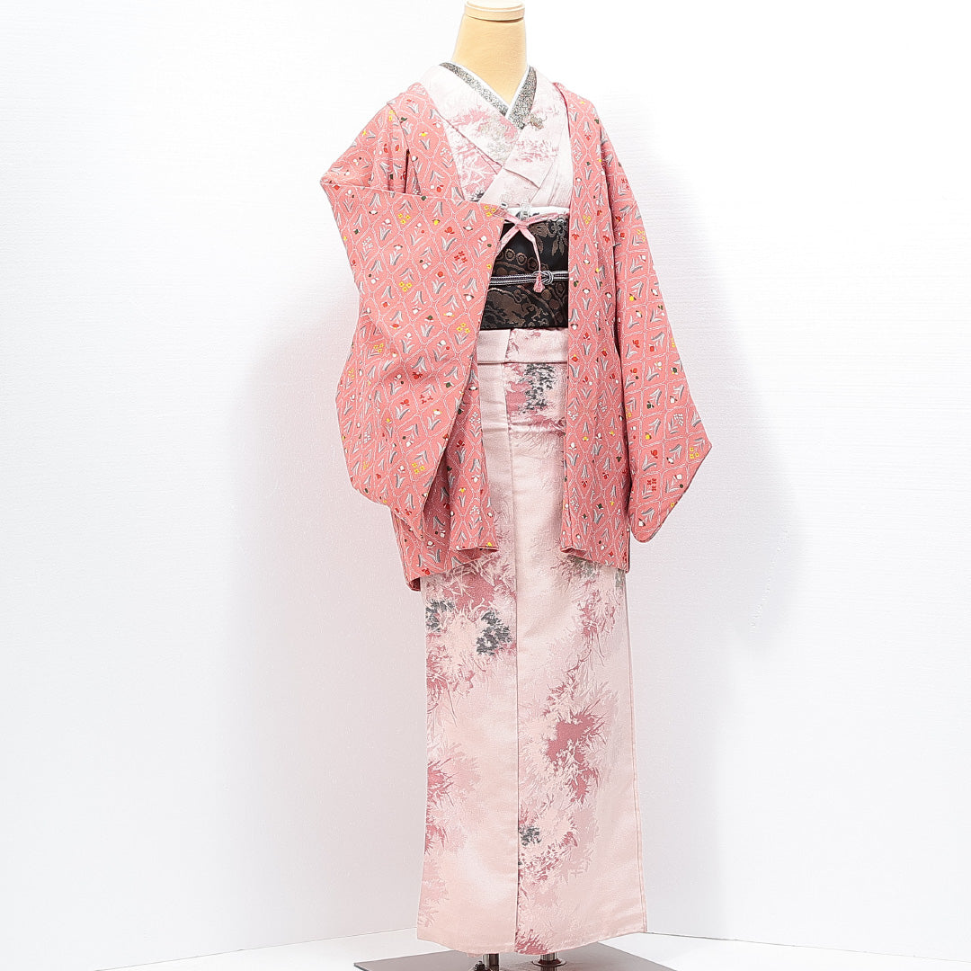 羽織 袷 身丈79cm 裄丈63cm 正絹 Sランク カジュアル Sサイズ 紐あり チューリップ ピンク系 RP 1232-14744