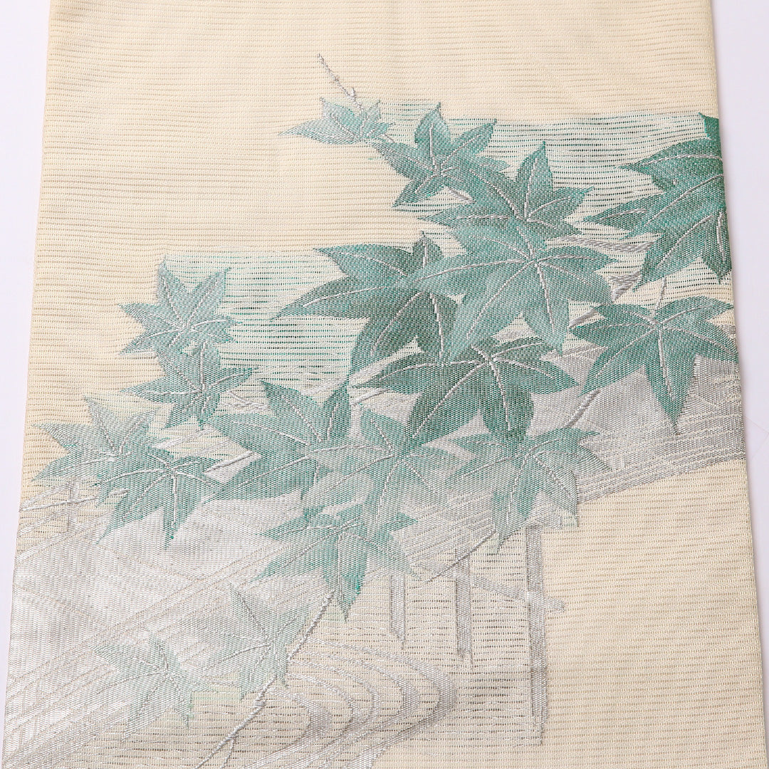 夏物 九寸 名古屋帯 帯丈361cm 名古屋仕立て ポイント柄 Aランク セミフォーマル 正絹 絽 楓 上品 爽やか クリーム系 1224-02755