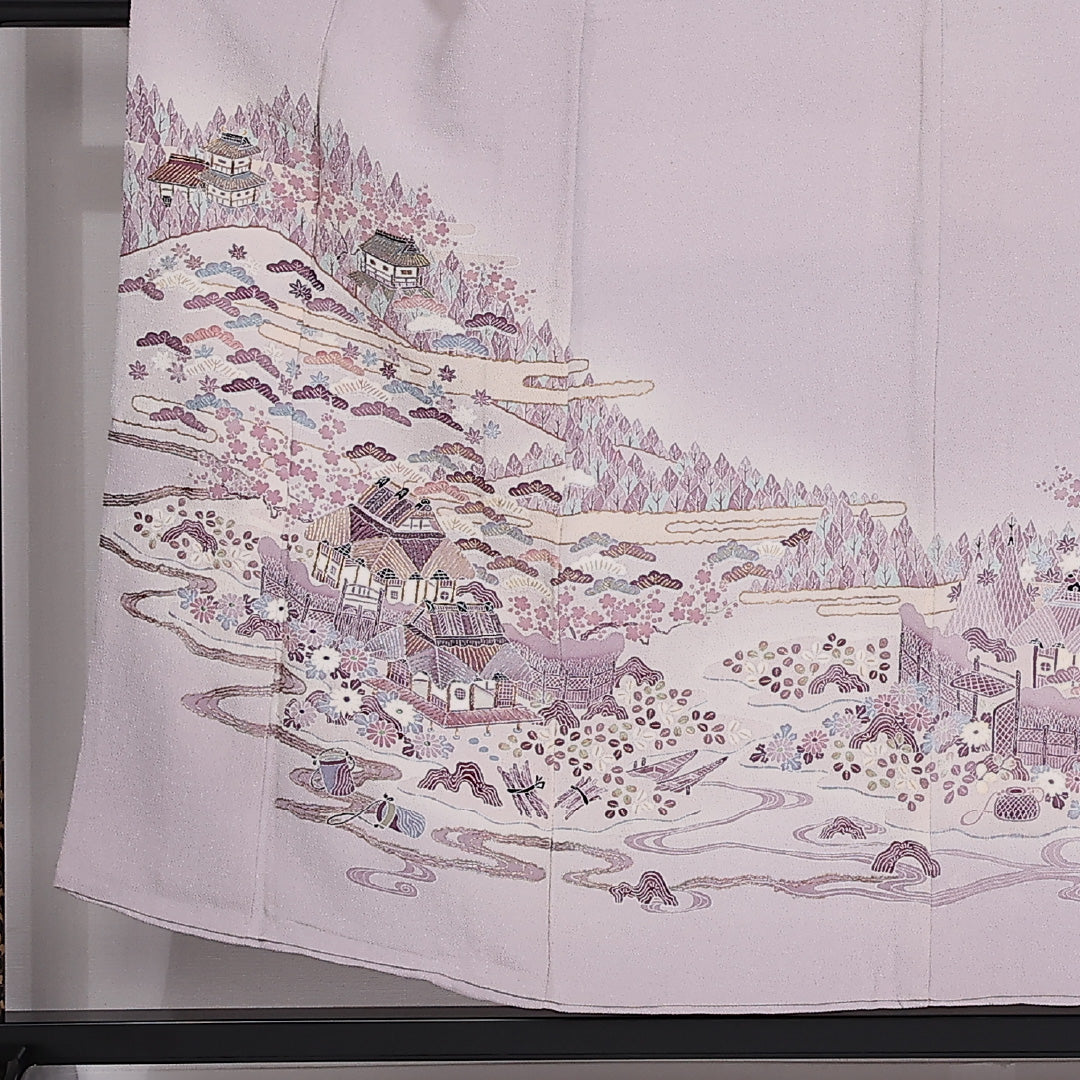 色留袖 五つ紋 身丈150cm 裄丈59cm Cランク 正絹 袷 広衿 S 金駒刺繡 茶屋辻 丸に三つ柏 鬼縮緬 フォーマル 紫系 1211-F0282