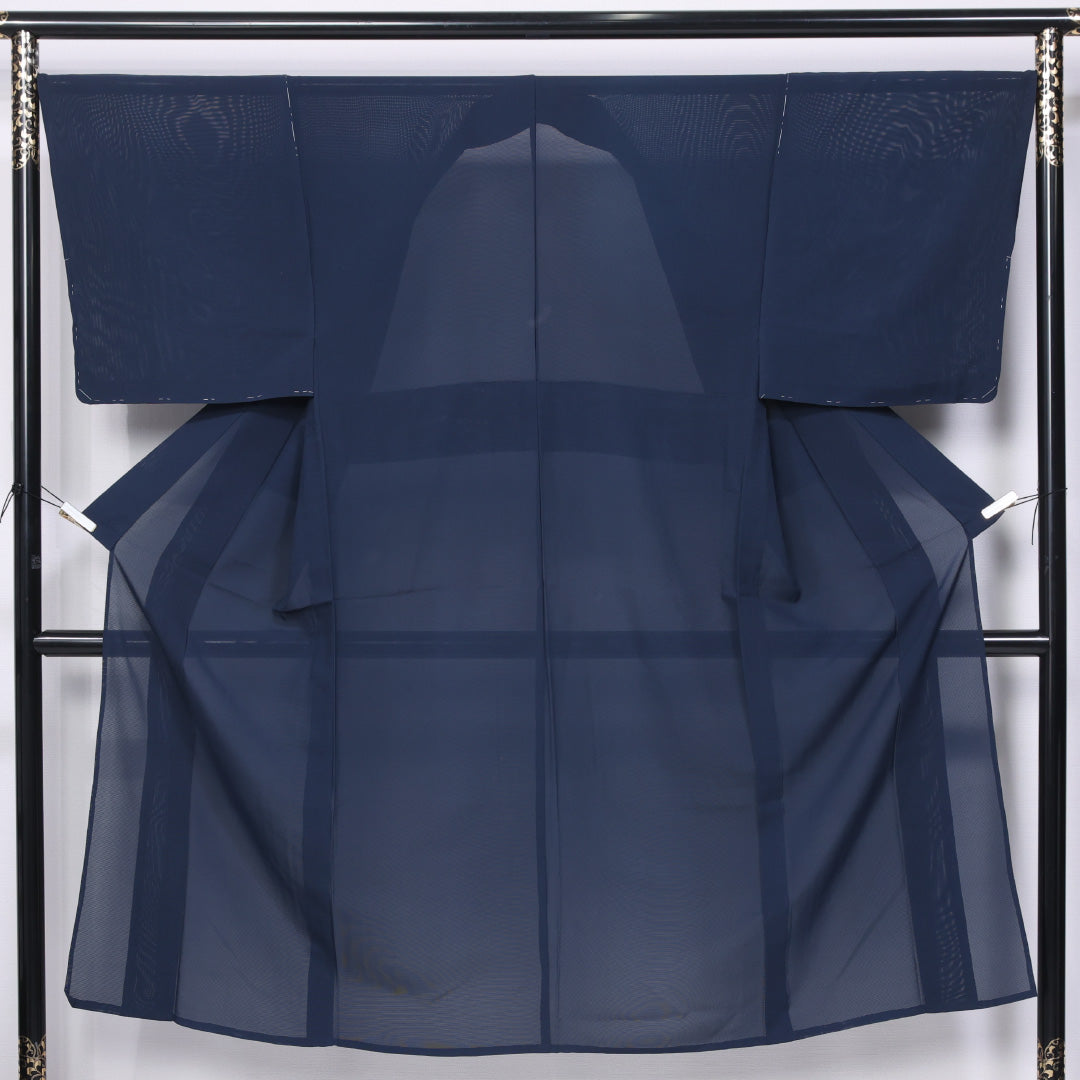 男着物 夏物 紗 身丈139cm 裄丈66cm 正絹 Sランク Sサイズ バチ衿 カジュアル 無地 紺系 1219-06289