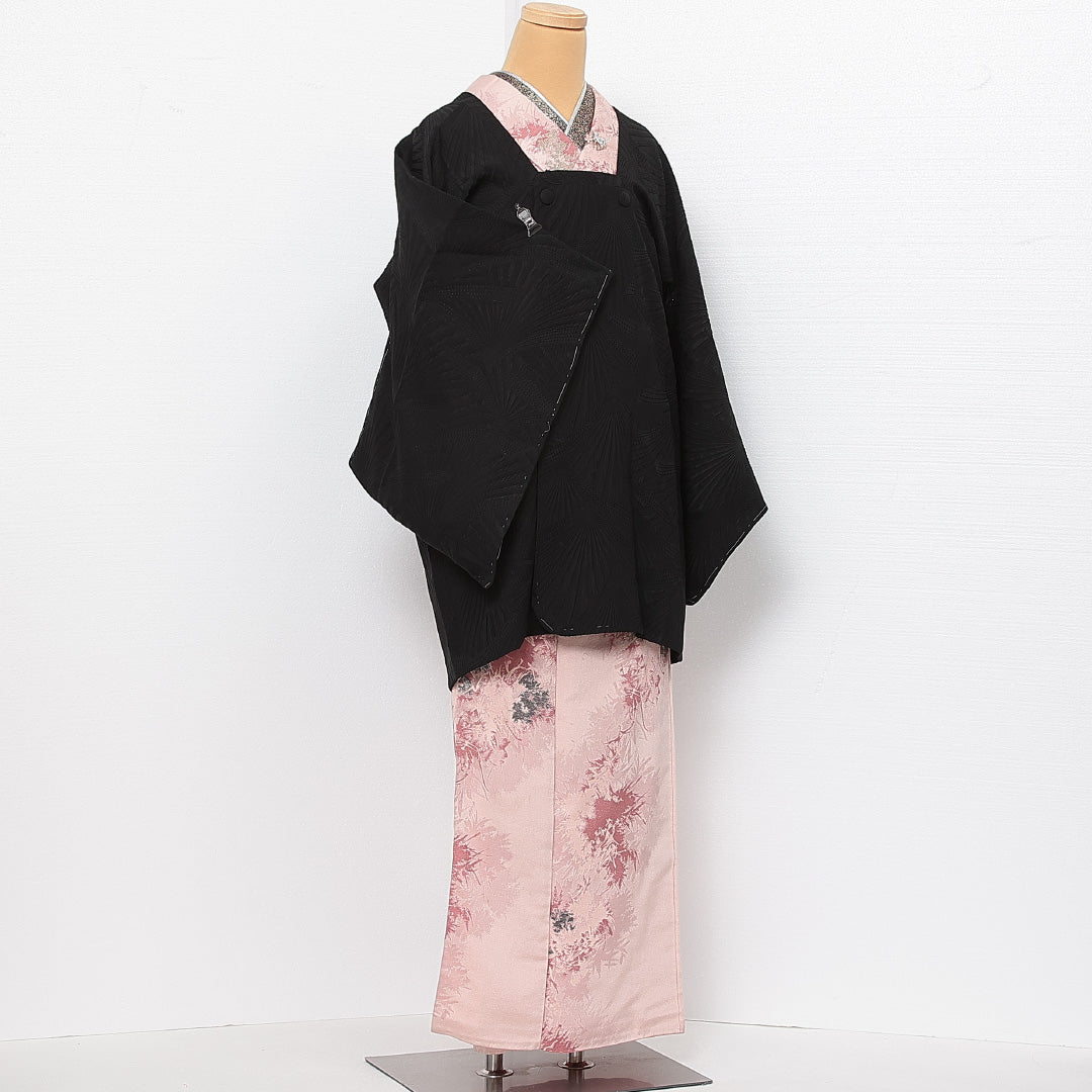 未使用品 道行コート 袷 身丈85cm 裄丈63cm 正絹 Nランク セミフォーマル Sサイズ 壽光織 ふくれ織 慶弔両用 ポケットあり 証紙 しつけ糸 黒系 RP 1237-13943