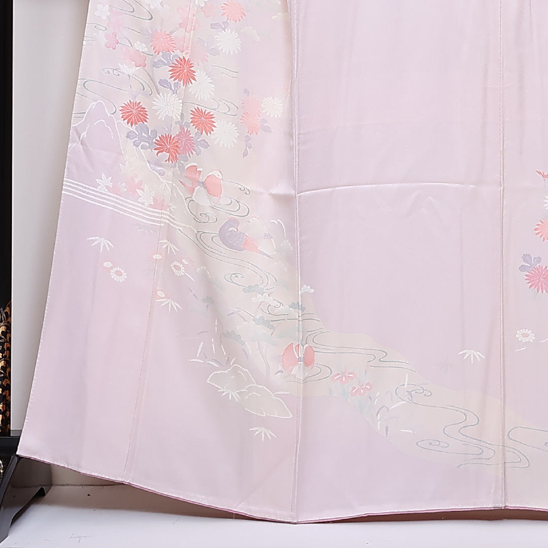訪問着 袷 身丈164cm 裄64cm 正絹 観世水 鴛鴦 笠松 菊 Aランク 1212-00686