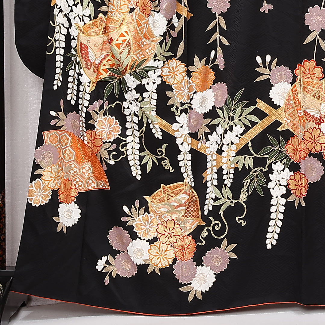 振袖 身丈164cm 裄丈65cm Sランク 正絹 袷 広衿 L 吉祥文様 フォーマル 黒系 1213-F0524
