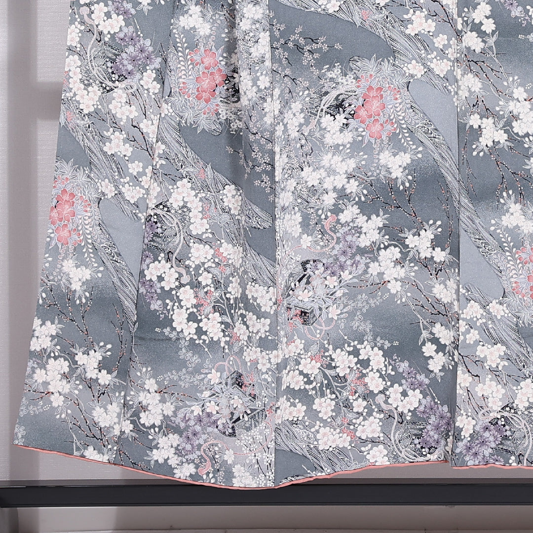小紋 身丈152cm 裄丈65.5cm S 正絹 Aランク 袷 広衿 ちりめん 桜 梅 桔梗 椿 1215-11682
