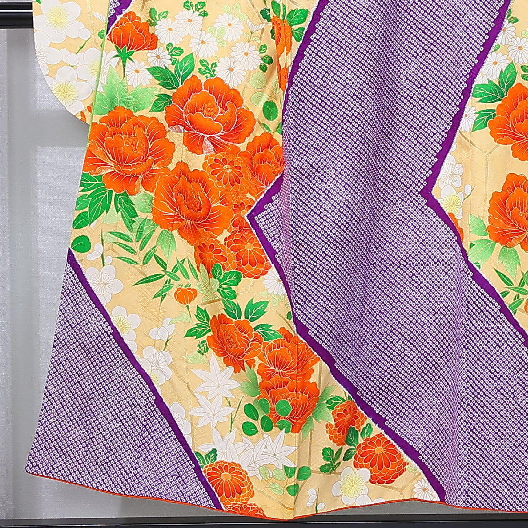 振袖 身丈150cm 裄丈61.5cm Aランク 袷 正絹 S 広衿 絞り 吉祥文様 古典柄 菊 牡丹 紫系 1213-F0445