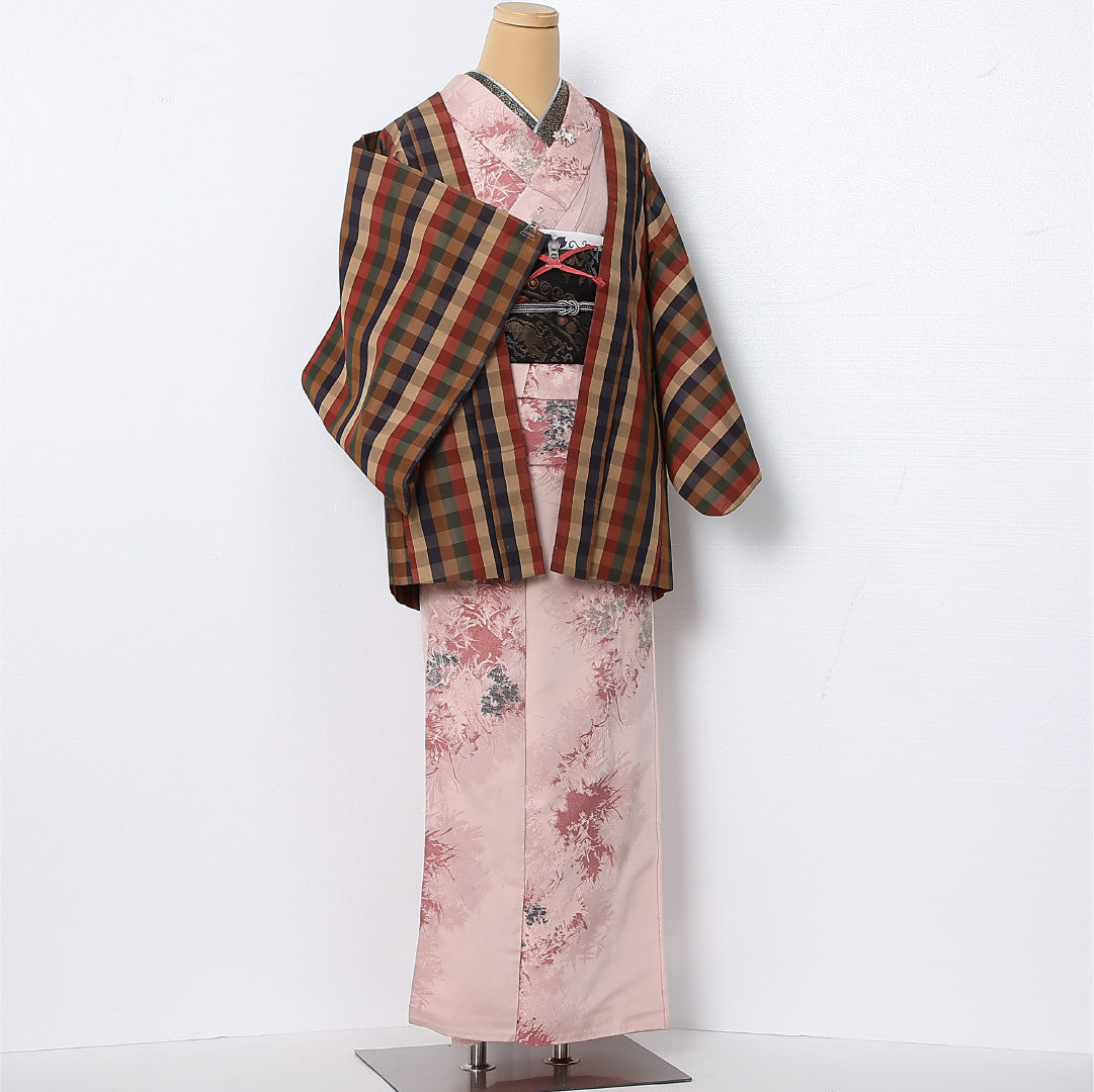 羽織 袷 身丈76cm 裄丈63cm 正絹 Cランク カジュアル Sサイズ 紐あり 格子 多色系 HP 1232-12829