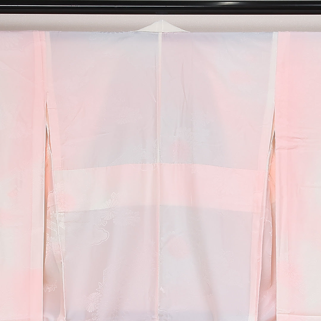 未使用品 洗える着物 振袖用 長襦袢 無双袖 身丈129cm 裄丈63cm ポリエステル Sランク Lサイズ しつけ糸 亀甲 菊 ピンク系 RP 1240-13463