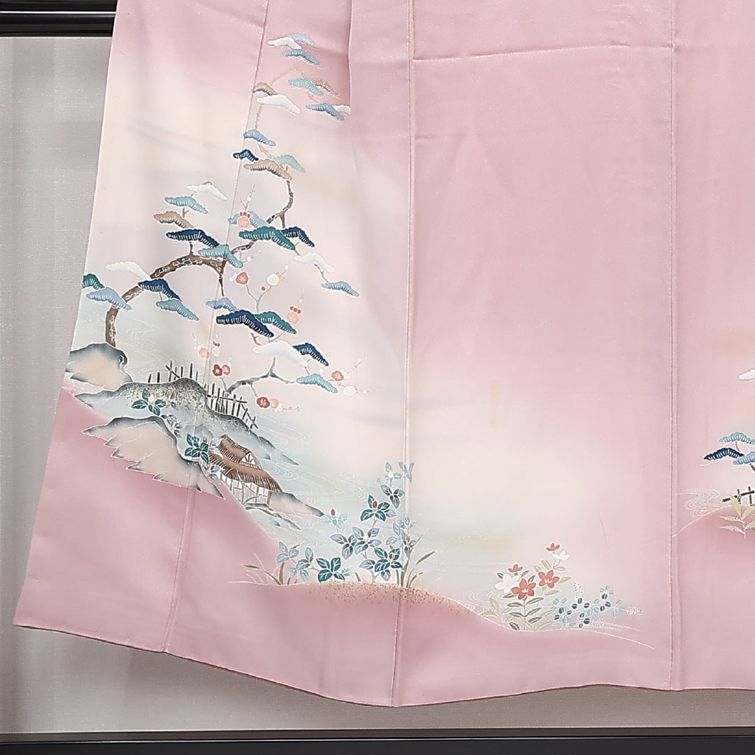 訪問着 袷 身丈149cm 裄丈64cm 正絹 Bランク セミフォーマル 広衿 XSサイズ 加賀友禅 茶屋辻 ピンク系 RP 1217-13127