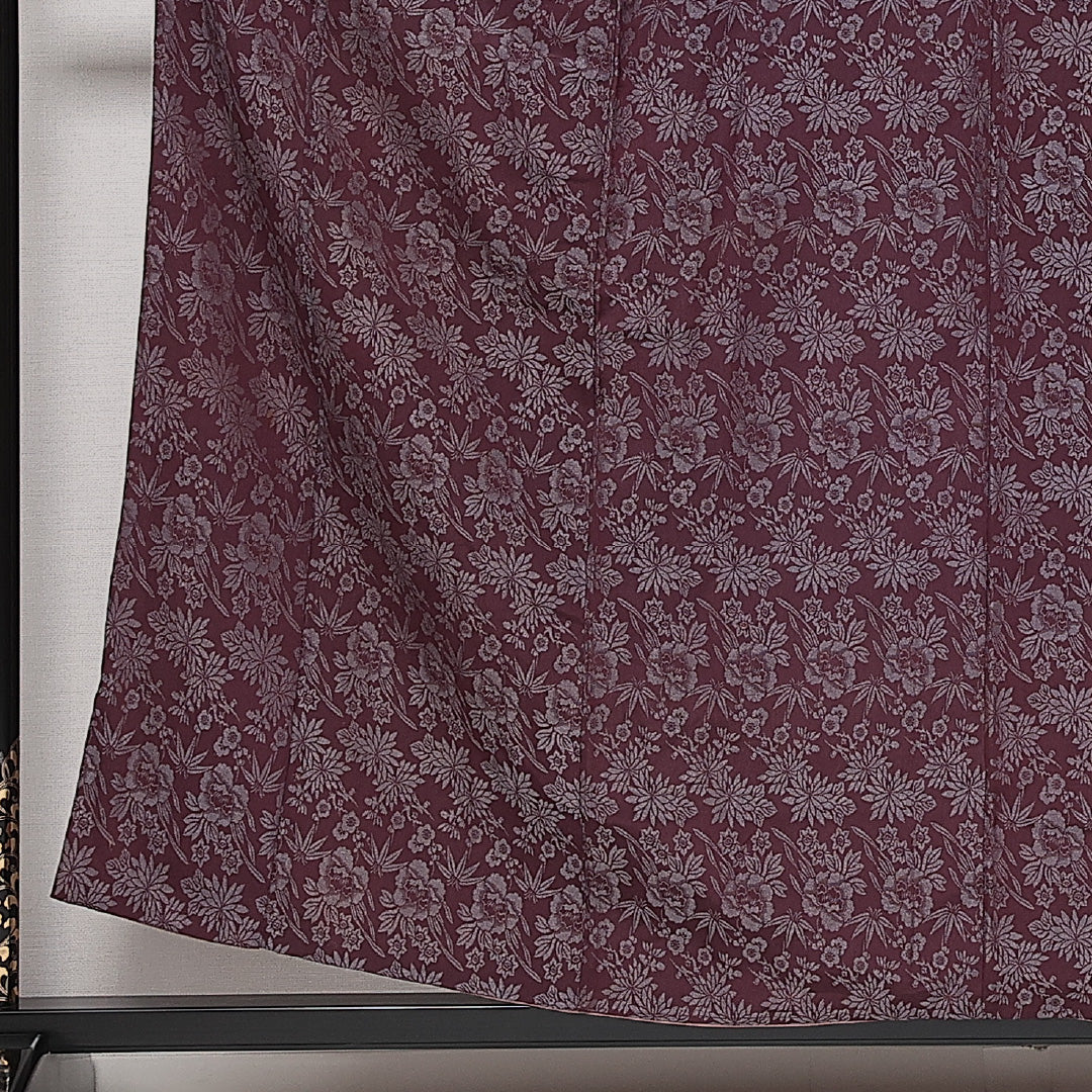 アンティーク お召 袷 身丈152cm 裄丈60cm Bランク 正絹 バチ衿 Sサイズ 牡丹 菊 笹 上品 落ち着き 紫系 1265-13980