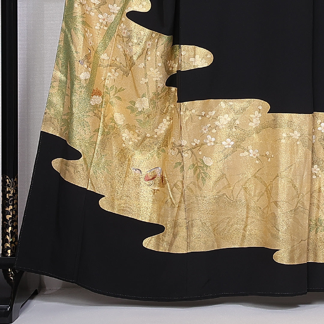 黒留袖 五つ紋 梅鉢 身丈162cm 裄丈65cm Sランク 正絹 袷 比翼 広衿 L 鶯 梅 フォーマル 黒系 1211-F0340
