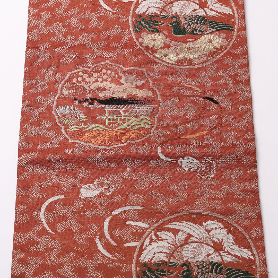 アンティーク 九寸名古屋帯 Aランク 帯丈327cm 正絹 六通 名古屋仕立て 織り 鳳凰 茶系 RP 1245-02792