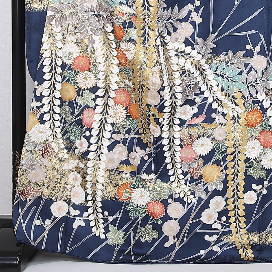 振袖 身丈169cm 裄丈68.5cm Sランク 正絹 袷 広衿 XL 金駒刺繍 菊 フォーマル 古典的 華やか 紺系 1213-F0502