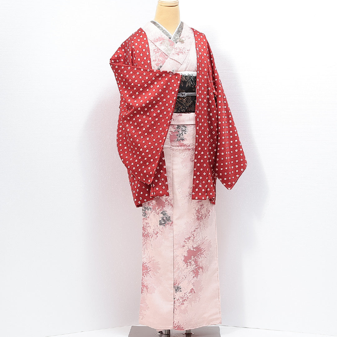 新古品 羽織（総絞り） 袷 身丈79cm 裄丈68cm 正絹 Nランク Lサイズ カジュアル 鹿の子柄 しつけ糸 赤系 1217-14754