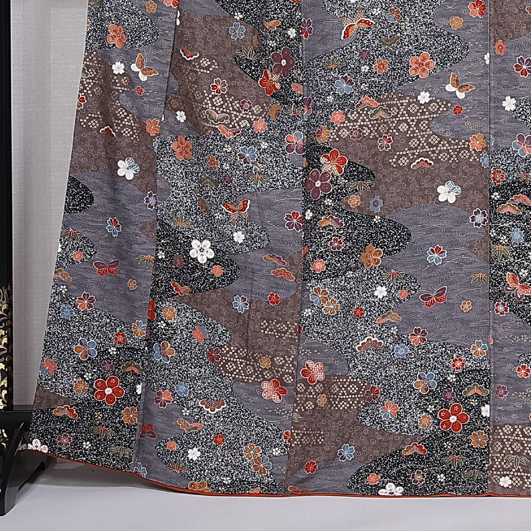 小紋 身丈167cm 裄丈66.5cm XL 正絹 Aランク 袷 広衿 蝶 桜 梅 1215-10578