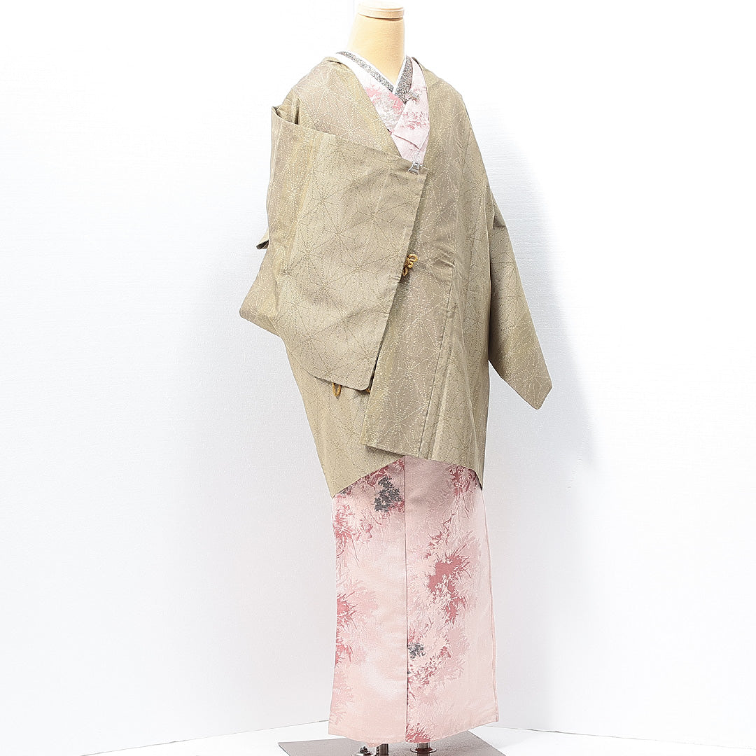 道中着 袷 身丈85cm 裄丈63cm 正絹 Sランク セミフォーマル Sサイズ 麻の葉 緑系 RP 1236-14665