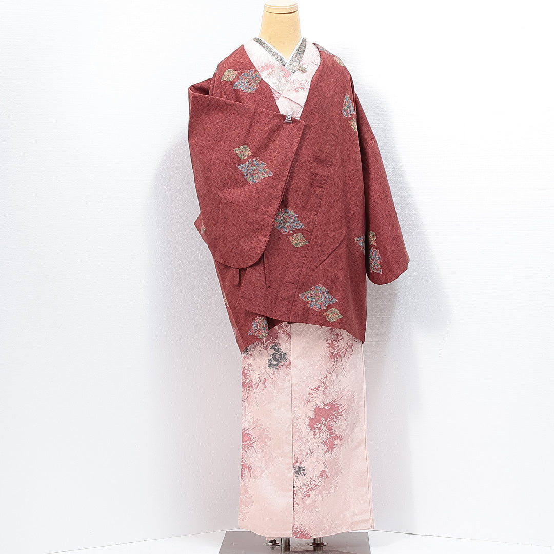 道中着 袷 身丈84cm 裄丈67cm 正絹 Sランク セミフォーマル Mサイズ 松皮菱 花柄 赤系 RP 1236-14746