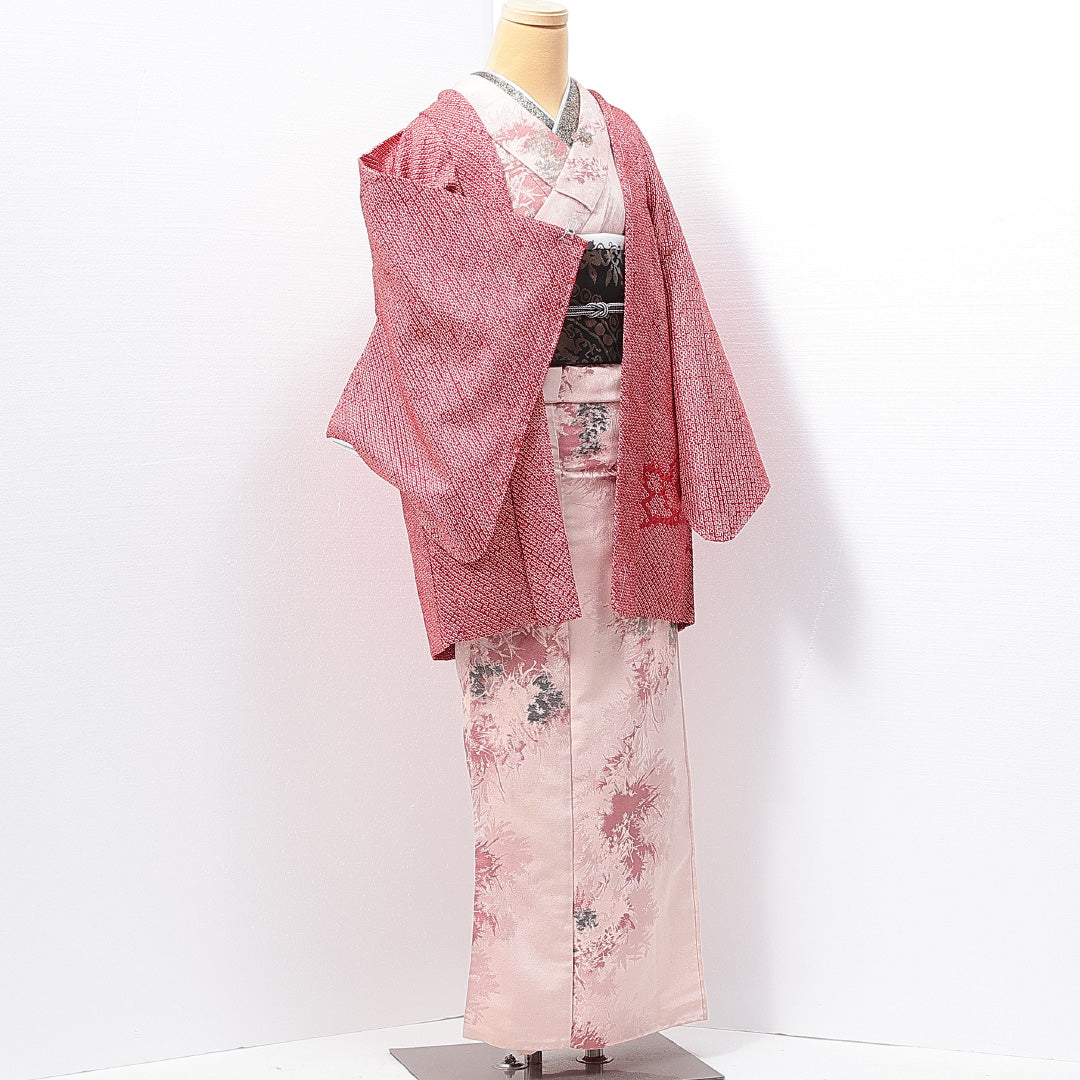 絵羽羽織 袷 身丈81cm 裄丈64cm 正絹 Sランク インフォーマル Mサイズ 花柄 赤系 RP 1234-14654