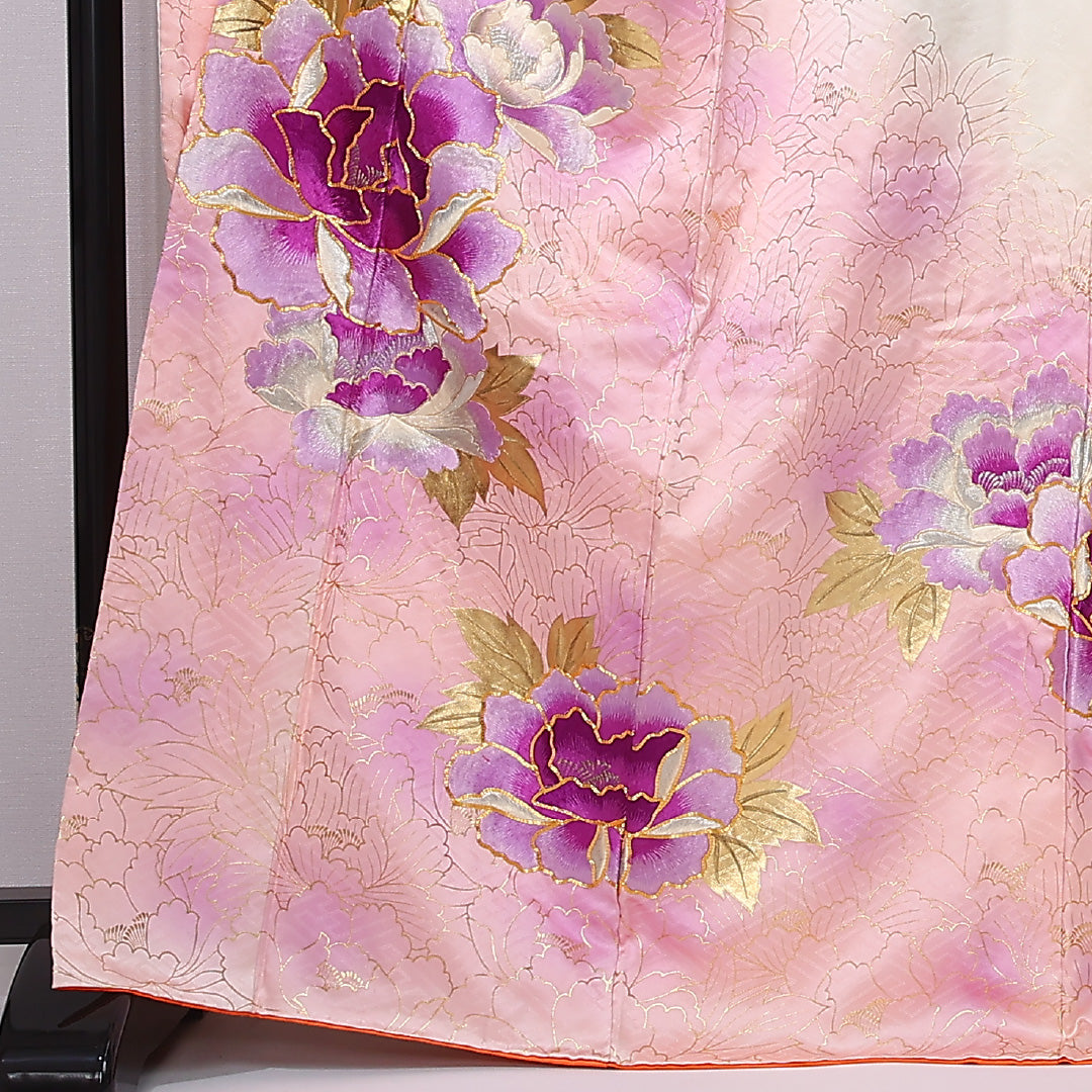 振袖 身丈167cm 裄丈67cm Sランク 正絹 袷 広衿 XL 刺繍 金駒刺繍 牡丹 フォーマル 古典的 重厚感 ピンク系 1213-F0459