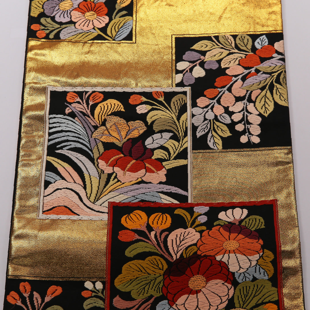 袋帯 帯丈432cm 全通 フォーマル Sランク 正絹 花柄 花絵札 菖蒲 古典的 華やか 金系 1223-01431