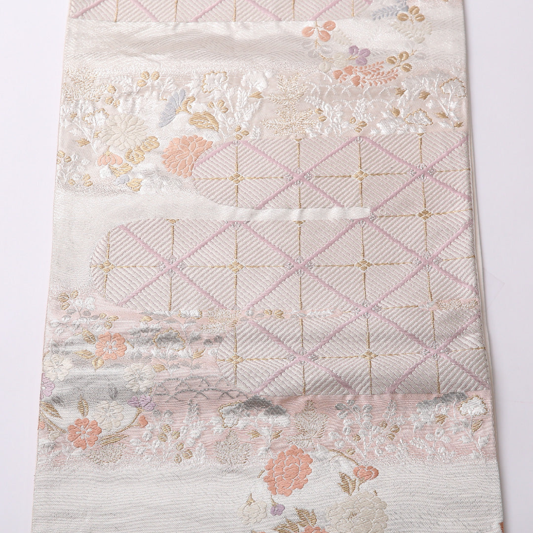 袋帯 帯丈432cm 六通 フォーマル Aランク 正絹 吉祥文様 花柄 上品 華やか 銀系 1223-01559