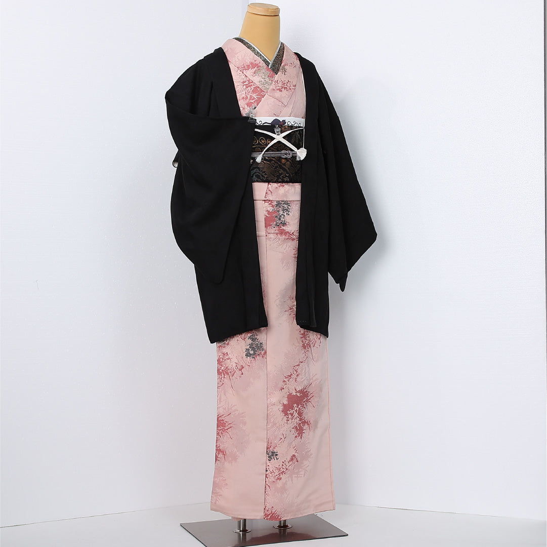 黒羽織 袷 身丈83cm 裄丈64cm 正絹 Sランク 一つ紋 (丸に片喰) セミフォーマル Mサイズ 紐あり 無地 黒系 RP 1233-12601