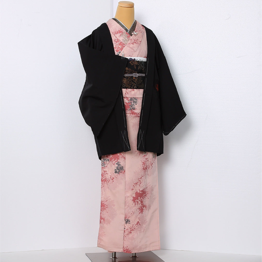 黒羽織 袷 身丈80cm 裄丈64cm 正絹 Cランク インフォーマル Mサイズ 刺繍 鹿 黒系 HP 1233-12924