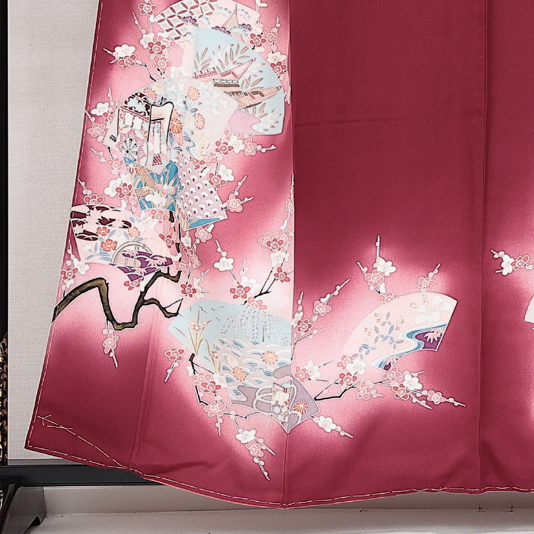 未使用品 訪問着 袷 身丈157cm 裄丈62cm 正絹 Nランク セミフォーマル 広衿 Mサイズ しつけ糸 御所車 扇 赤系 M4 1217-14241